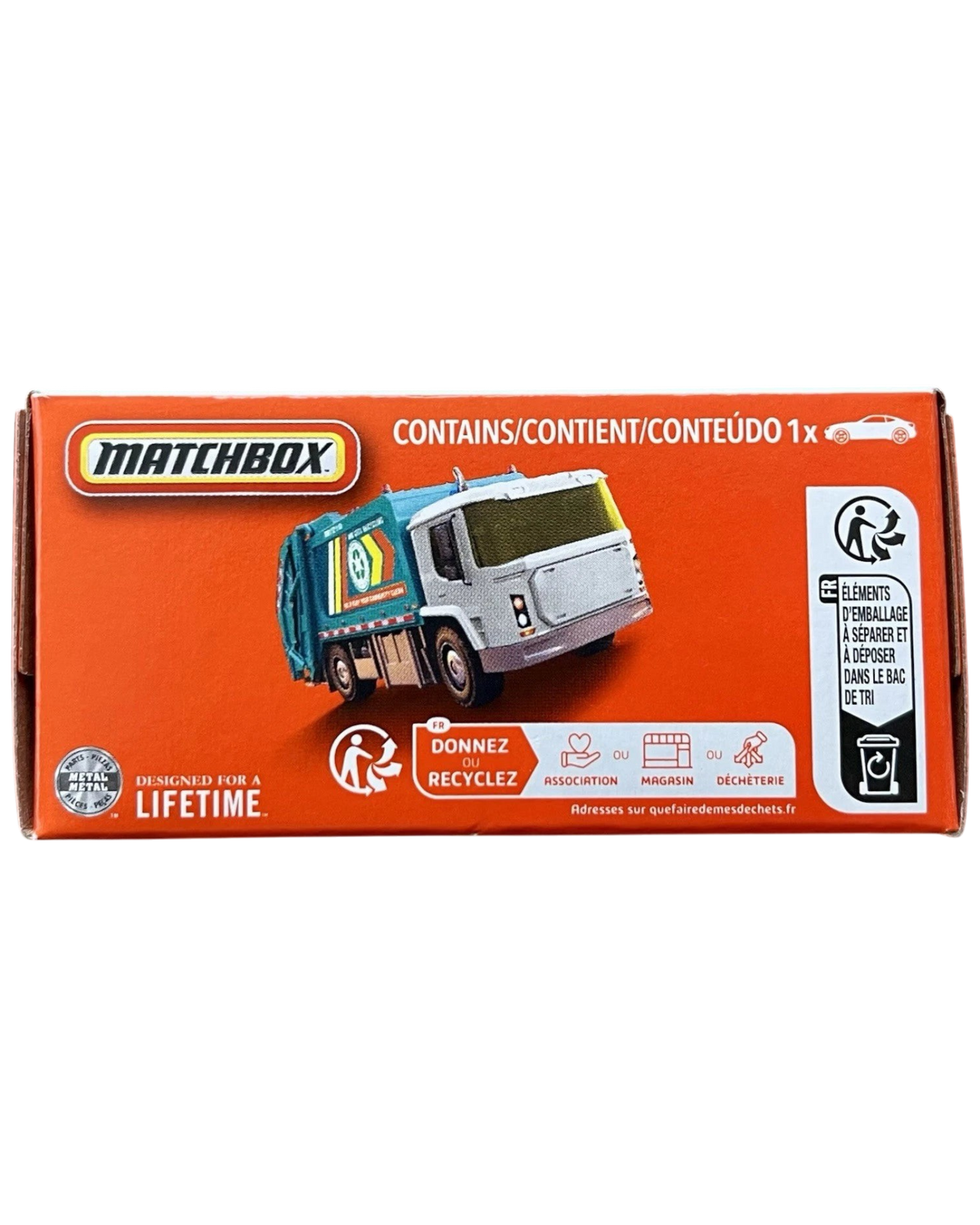 More Than Diecast Matchbox MBX EV Trash Truck in orange Power Grab packaging showing the electric refuse vehicle
