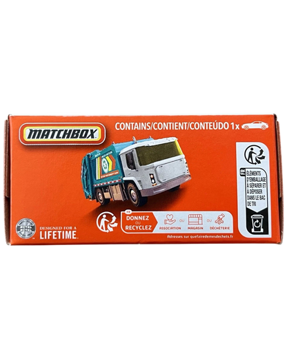 More Than Diecast Matchbox MBX EV Trash Truck in orange Power Grab packaging showing the electric refuse vehicle
