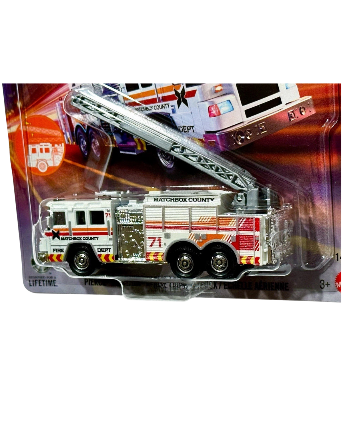 More Than Diecast Matchbox Working Rigs Pierce Quantum fire truck in white with red and orange graphics and ladder.