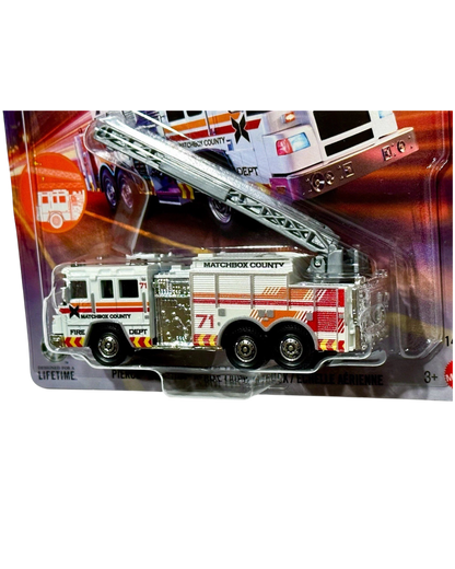More Than Diecast Matchbox Working Rigs Pierce Quantum fire truck in white with red and orange graphics and ladder.