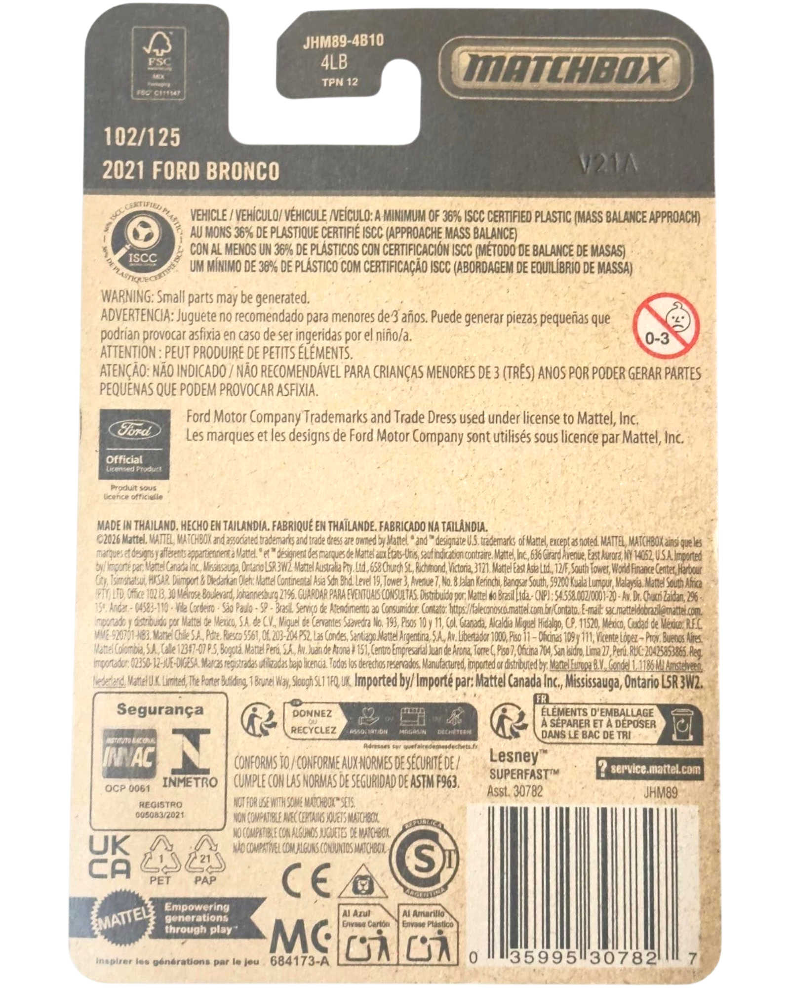 More Than Diecast Matchbox 2026 21 Ford Bronco die-cast packaging back view with product details and safety warnings