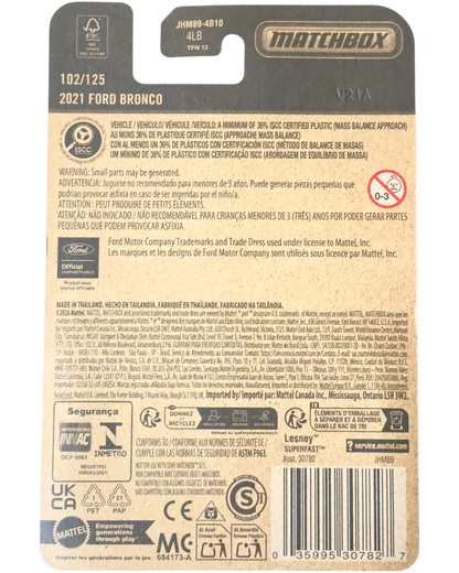 More Than Diecast Matchbox 2026 21 Ford Bronco die-cast packaging back view with product details and safety warnings