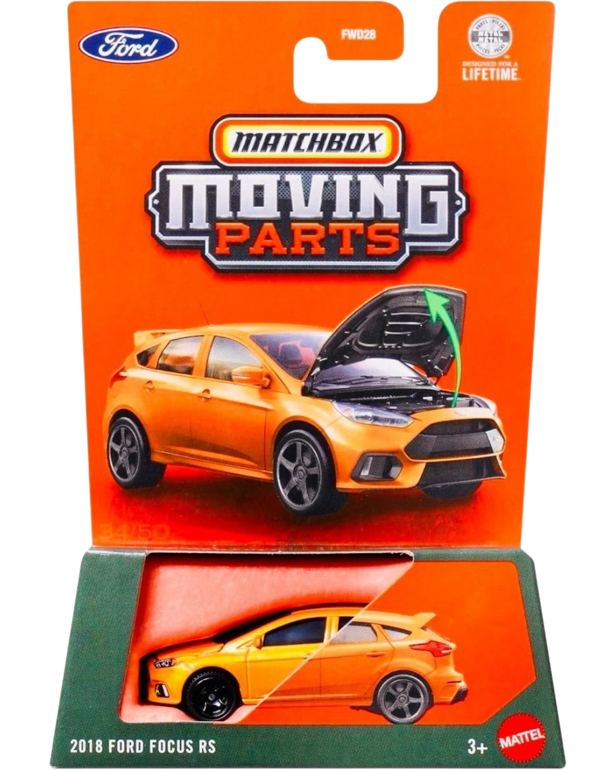 More Than Diecast Matchbox 2018 Ford Focus RS die-cast car in orange with opening hood feature on blister card
