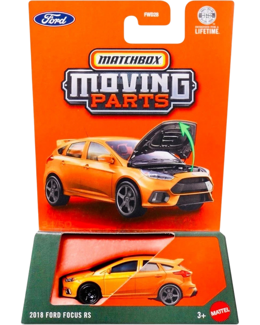 More Than Diecast Matchbox 2018 Ford Focus RS die-cast car in orange with opening hood feature on blister card