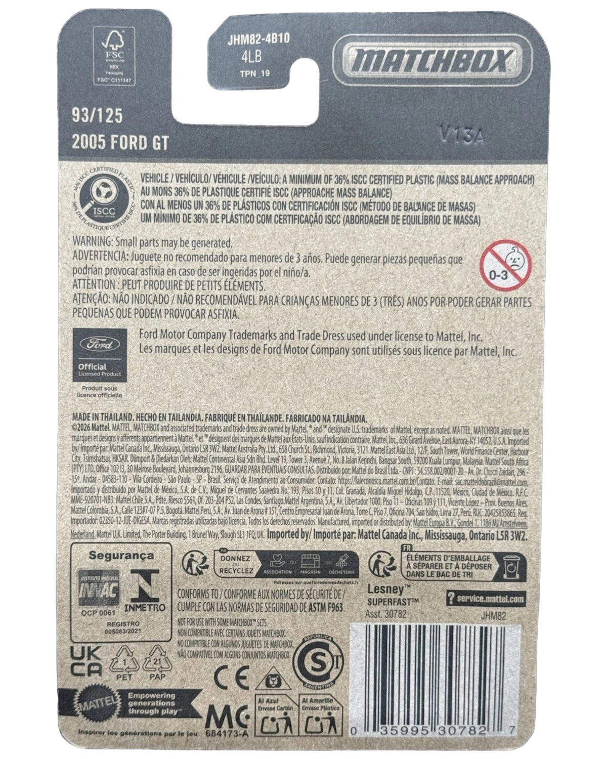More Than Diecast Matchbox 2005 Ford GT packaging back showing product details, safety warnings, and branding