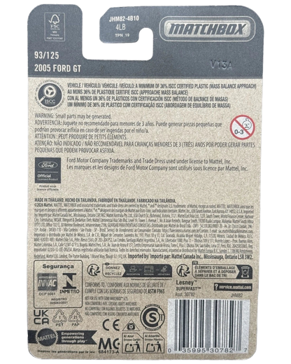 More Than Diecast Matchbox 2005 Ford GT packaging back showing product details, safety warnings, and branding