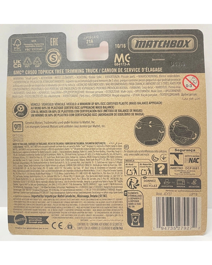 More Than Diecast Matchbox GMC C8500 Topkick tree trimming truck packaging back view with product details