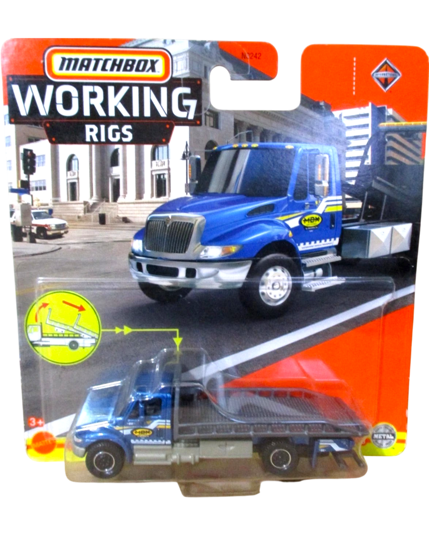 More Than Diecast Matchbox Working Rigs International Durastar 4400 blue flatbed tow truck in original packaging