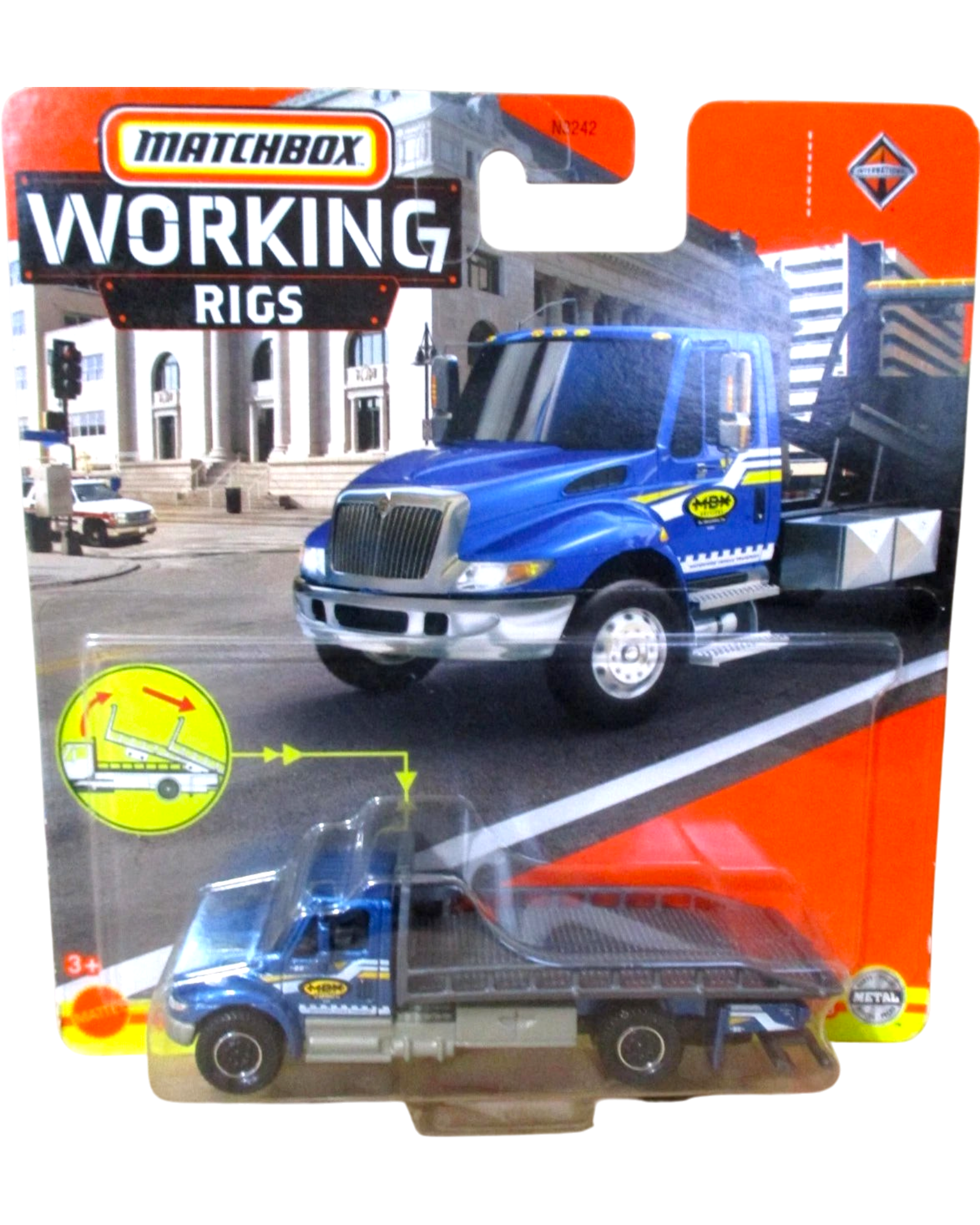 More Than Diecast Matchbox Working Rigs International Durastar 4400 blue flatbed tow truck in original packaging