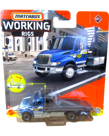 More Than Diecast Matchbox Working Rigs International Durastar 4400 blue flatbed tow truck in original packaging