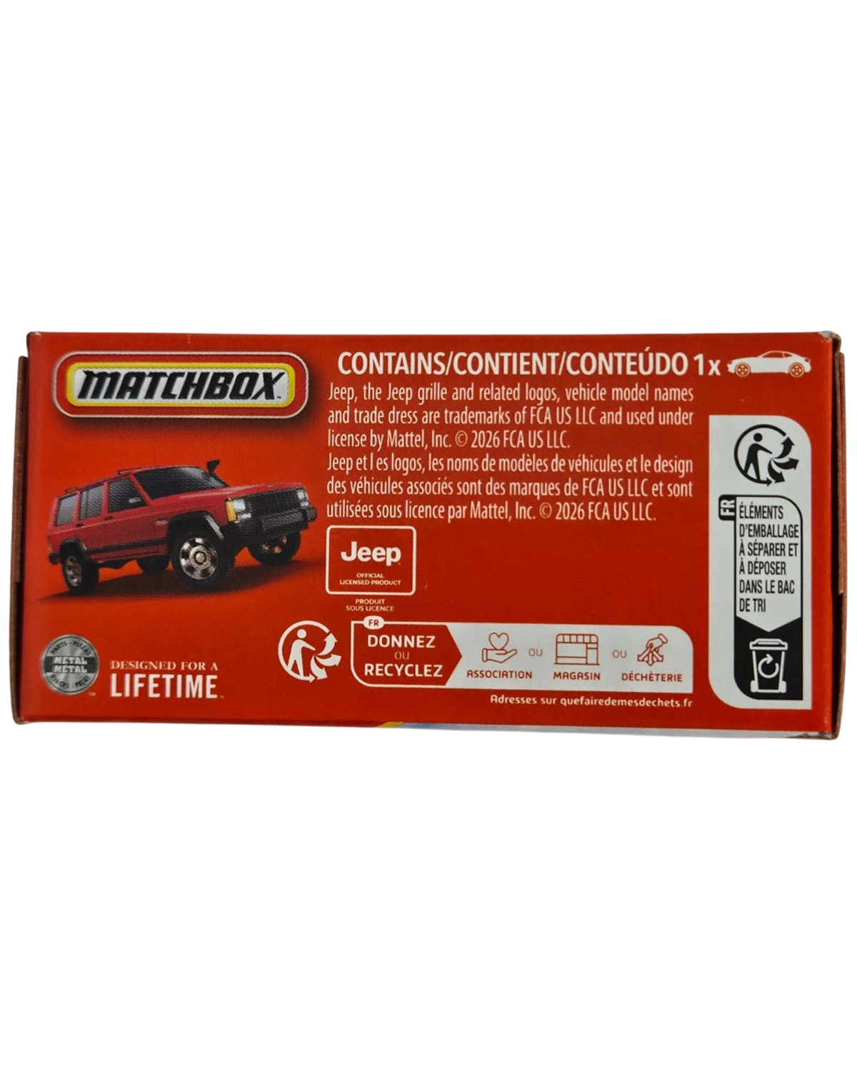 More Than Diecast Matchbox 1994 Jeep Cherokee Sport red die-cast SUV packaging box back view