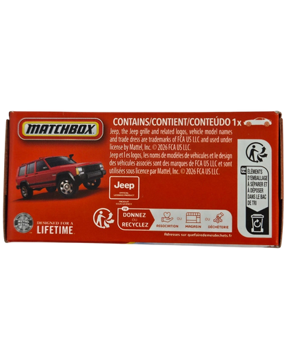 More Than Diecast Matchbox 1994 Jeep Cherokee Sport red die-cast SUV packaging box back view