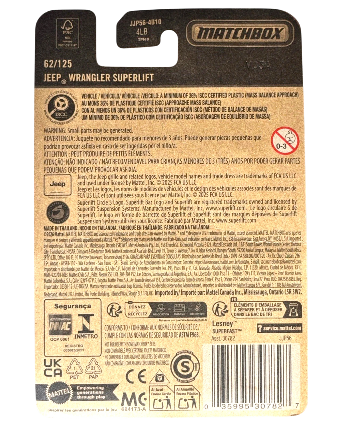 More Than Diecast Matchbox Jeep Wrangler Superlift 62/125 packaging back showing product details and safety warnings