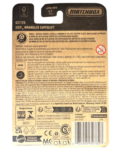 More Than Diecast Matchbox Jeep Wrangler Superlift 62/125 packaging back showing product details and safety warnings