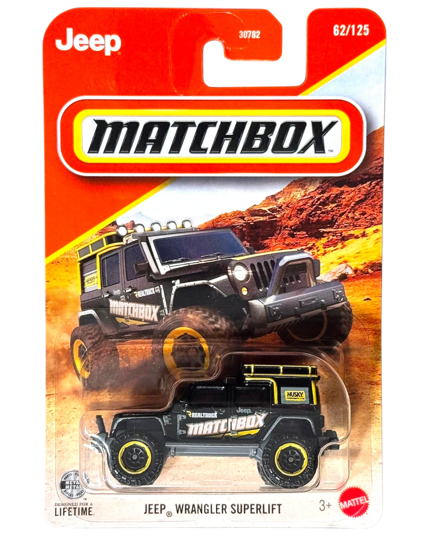More Than Diecast Matchbox Jeep Wrangler Superlift black die-cast toy car in original blister pack packaging
