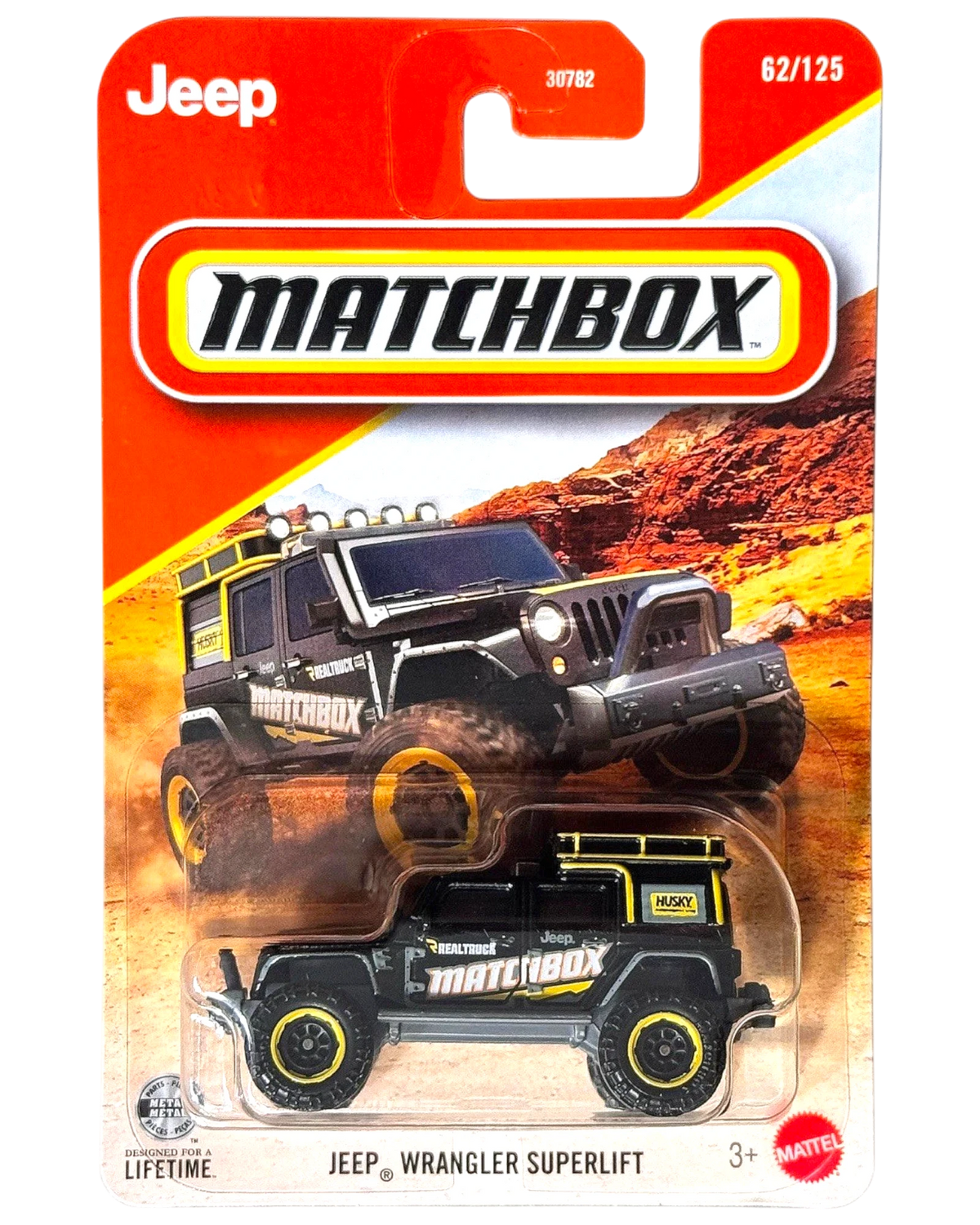 More Than Diecast Matchbox Jeep Wrangler Superlift black die-cast toy car in original blister pack packaging