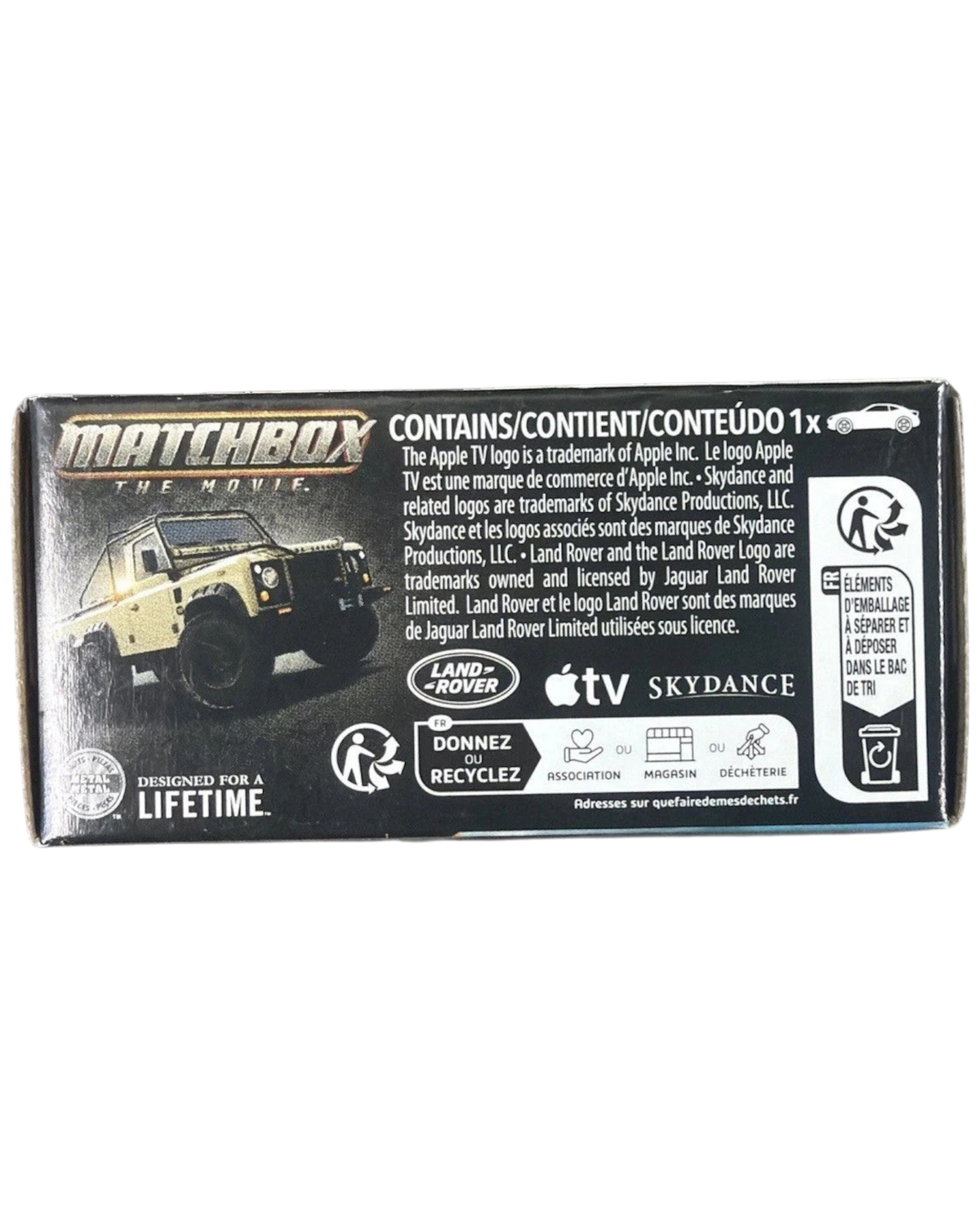More Than Diecast Matchbox The Movie Land Rover 6x6 die-cast vehicle packaging box with branding and safety icons