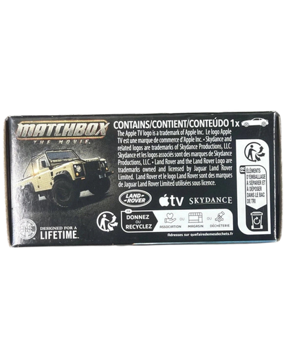 More Than Diecast Matchbox The Movie Land Rover 6x6 die-cast vehicle packaging box with branding and safety icons