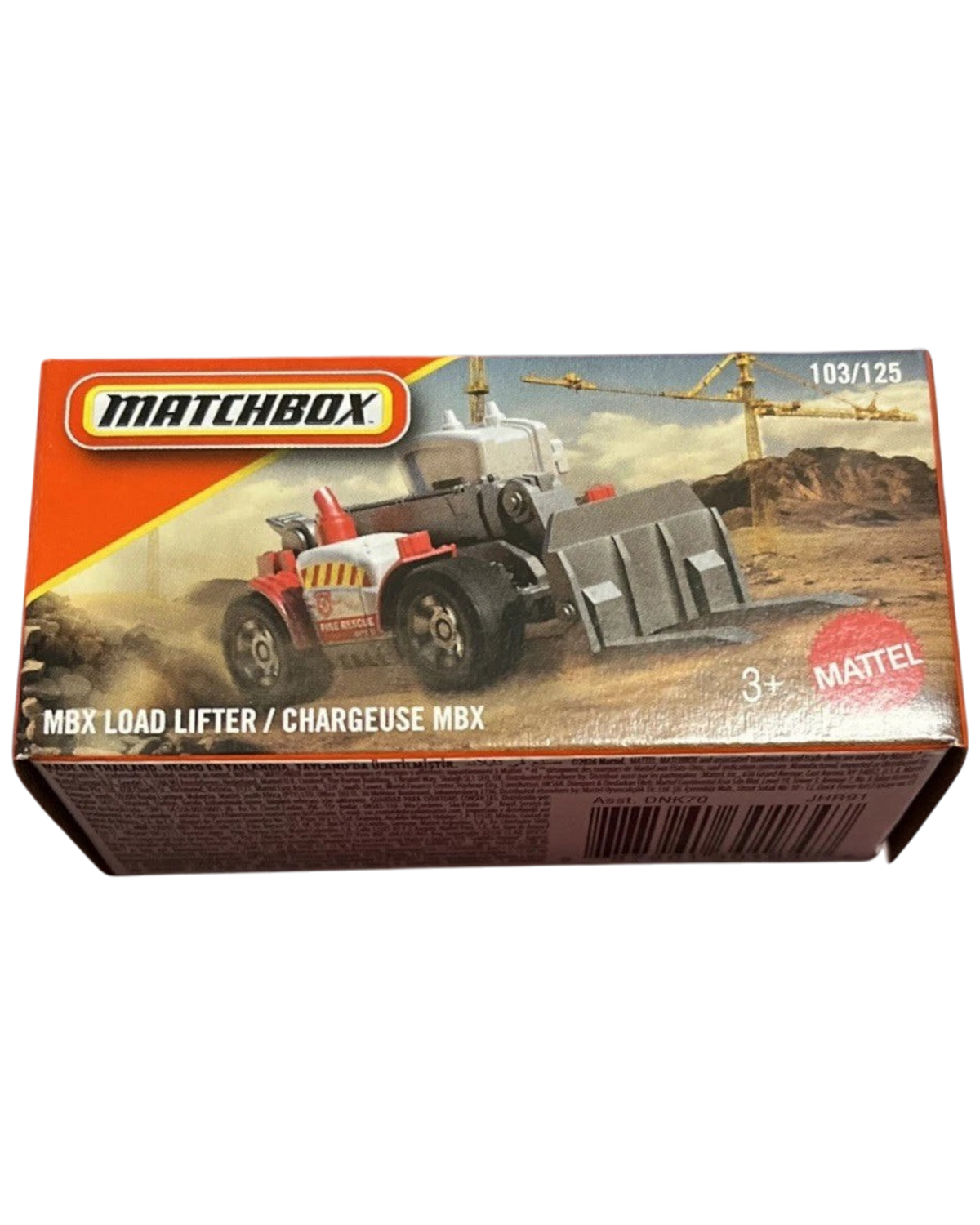 More Than Diecast Matchbox MBX Load Lifter toy in white and red packaging, 1:64 scale construction vehicle.