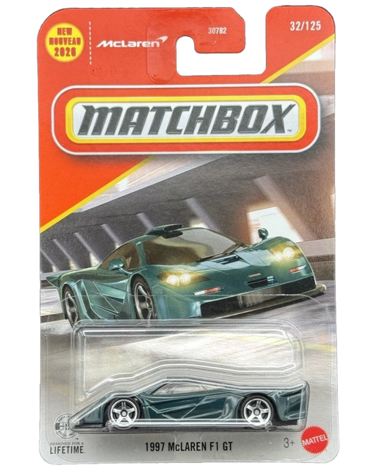 More Than Diecast 1:64 scale green 1997 McLaren F1 GT die-cast car in original Matchbox MBX Team McLaren packaging