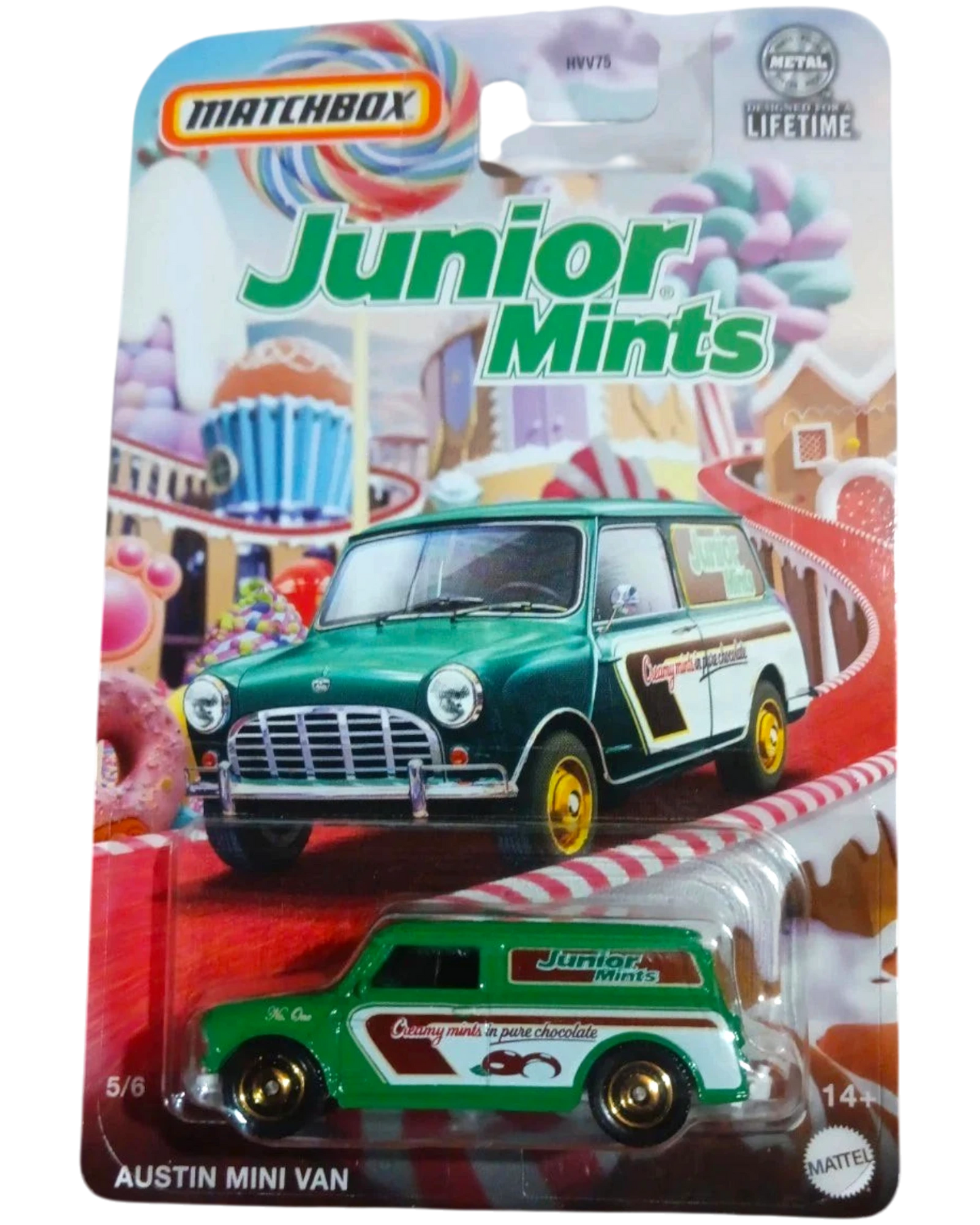 More Than Diecast Matchbox 2024 Candy Series Austin Mini Van Junior Mints #5/6 diecast car, green with white accents and gold wheels.