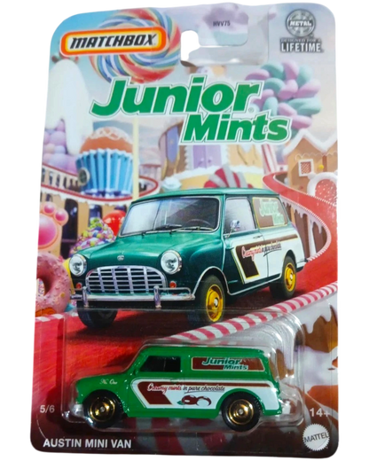 More Than Diecast Matchbox 2024 Candy Series Austin Mini Van Junior Mints #5/6 diecast car, green with white accents and gold wheels.
