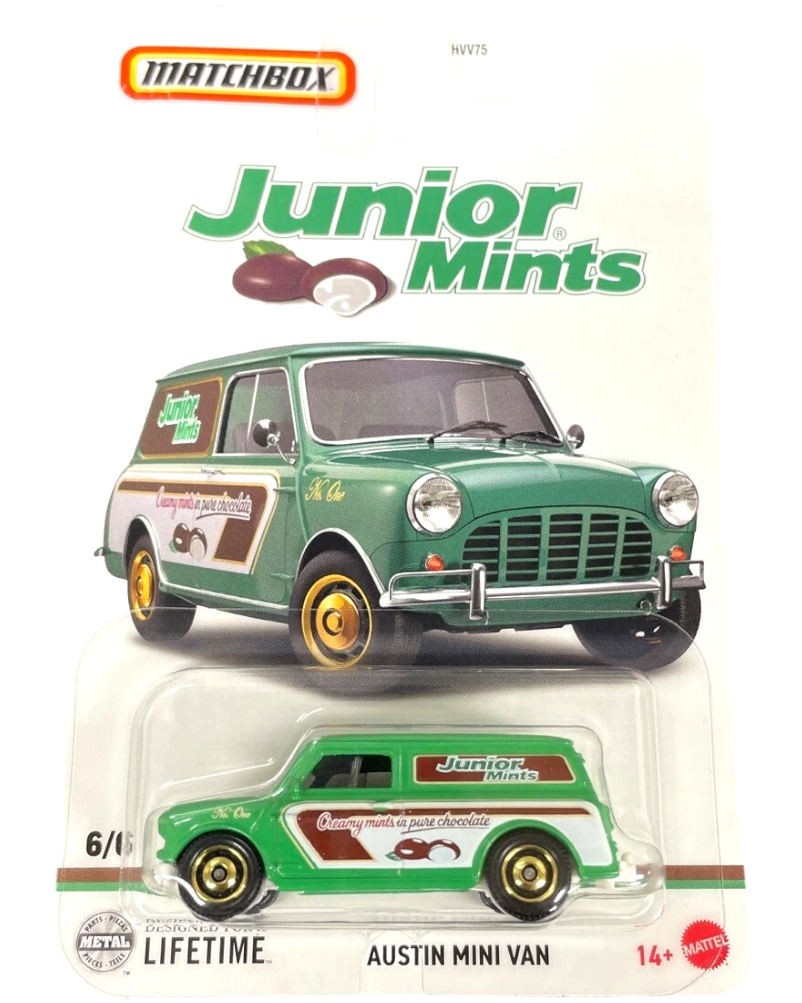 More Than Diecast Matchbox Austin Mini Van Junior Mints toy car, green with white and brown accents.