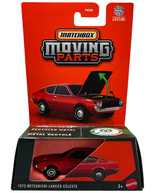 More Than Diecast Matchbox 1975 Mitsubishi Lancer Celeste red die-cast car in original blister pack packaging