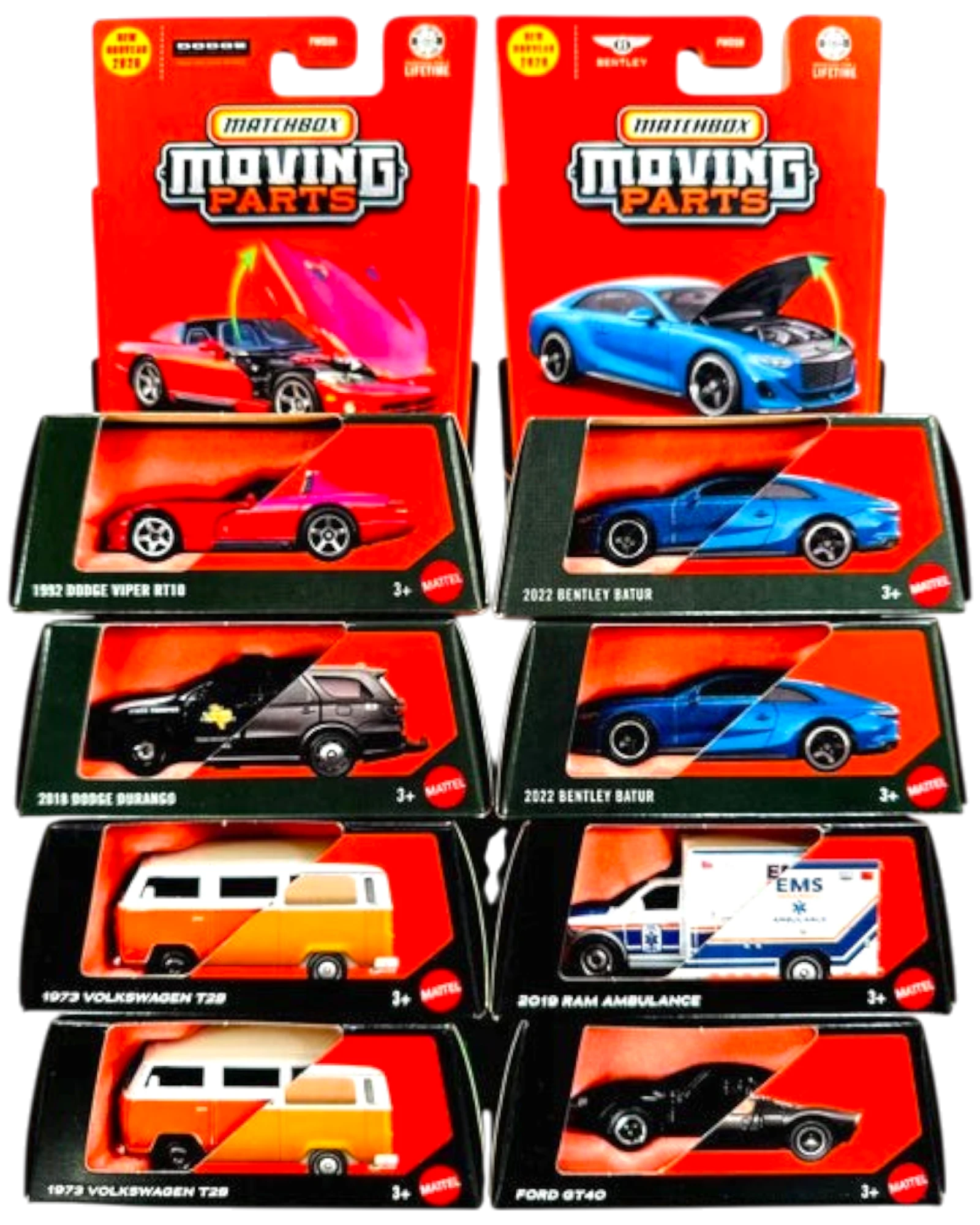 More Than Diecast Matchbox 2026 Moving Parts Mix 7 factory sealed case featuring 8 assorted 1:64 scale die-cast cars.