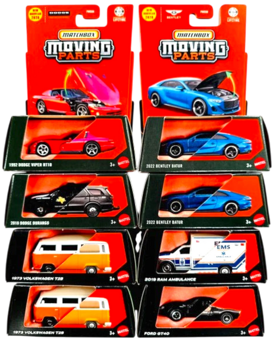 More Than Diecast Matchbox 2026 Moving Parts Mix 7 factory sealed case featuring 8 assorted 1:64 scale die-cast cars.