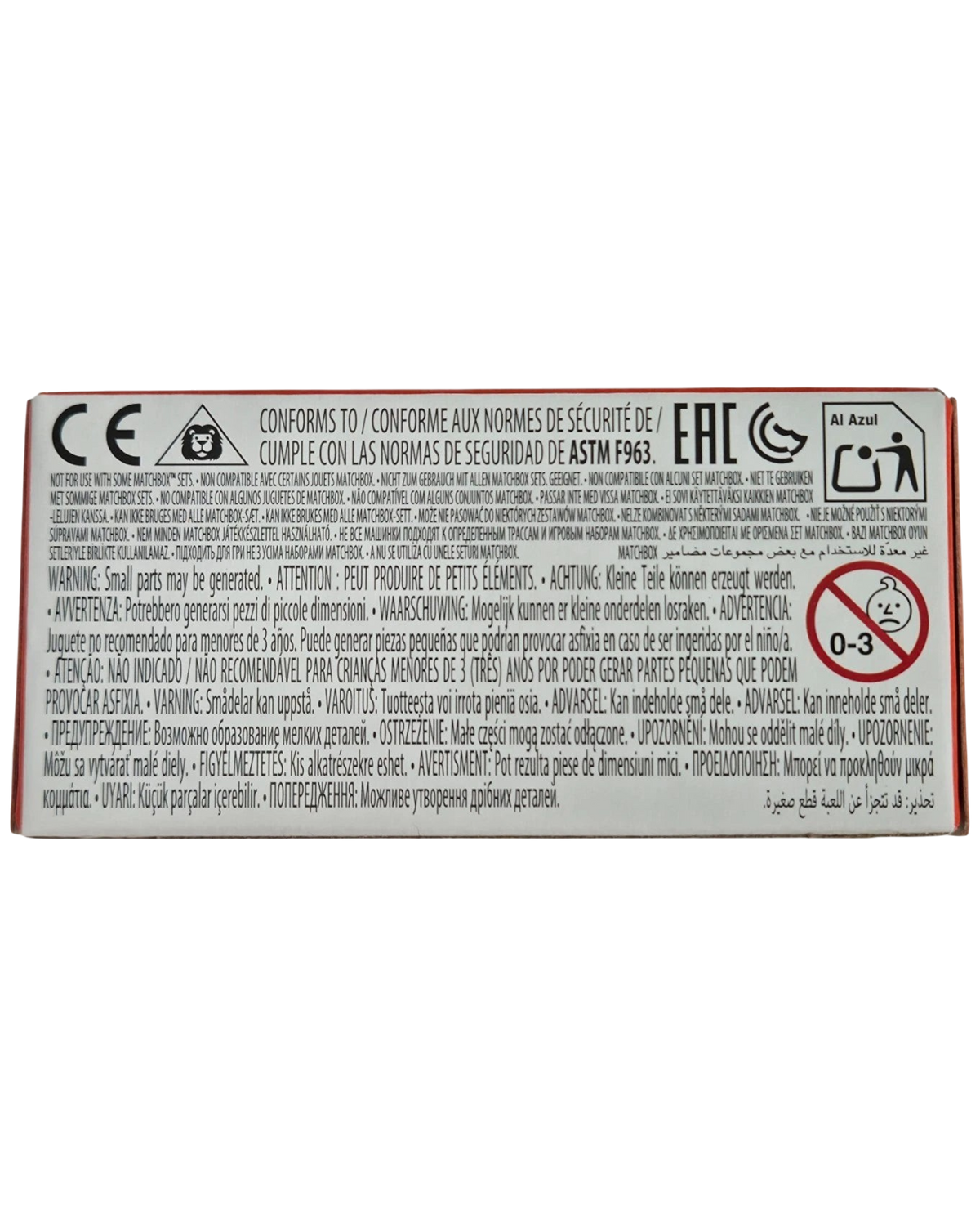 More Than Diecast Matchbox Bucket Tipper toy packaging back with safety warnings and compliance information