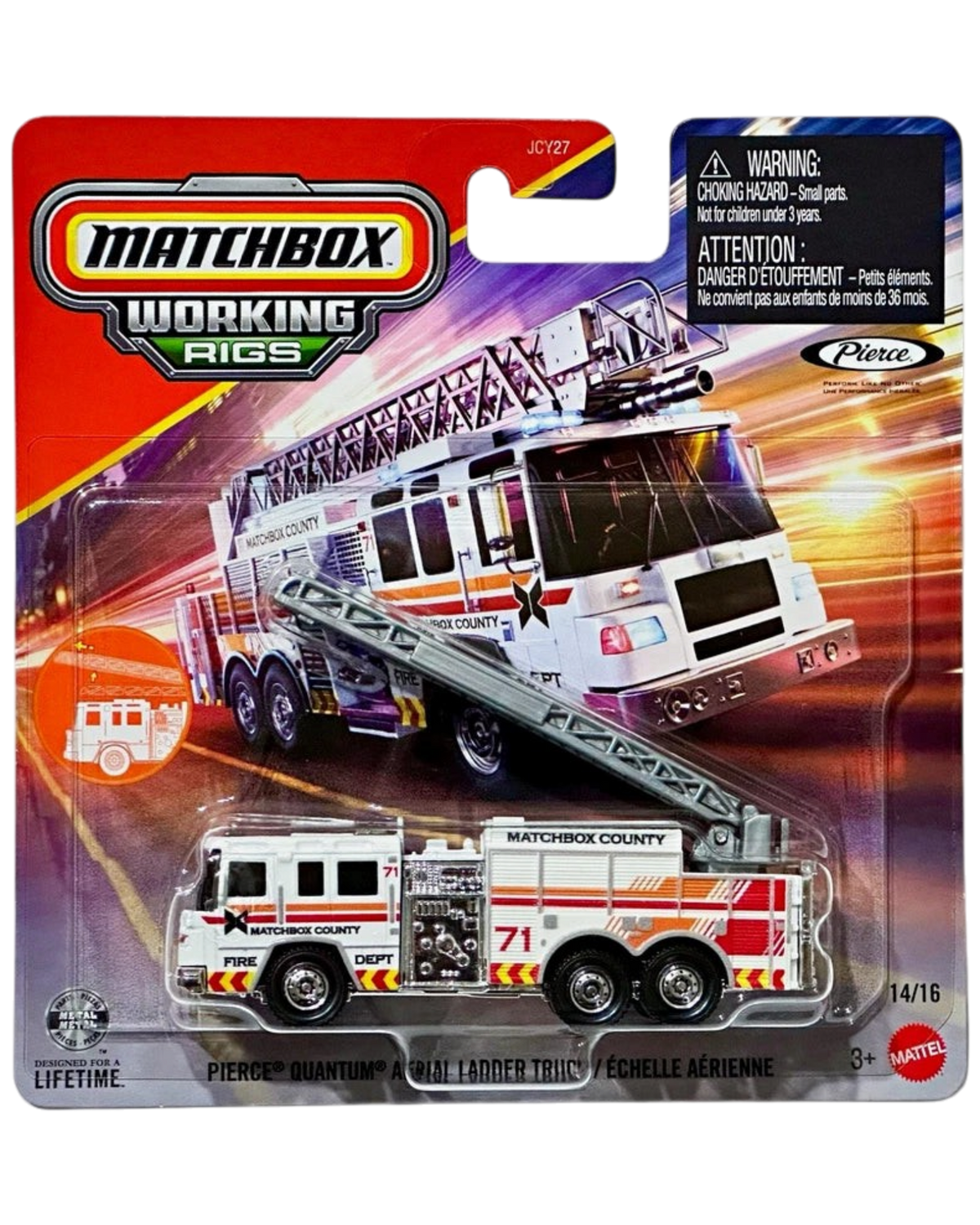 More Than Diecast Matchbox Pierce Quantum aerial ladder fire truck in white with red and orange graphics in packaging.