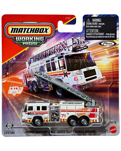 More Than Diecast Matchbox Pierce Quantum aerial ladder fire truck in white with red and orange graphics in packaging.