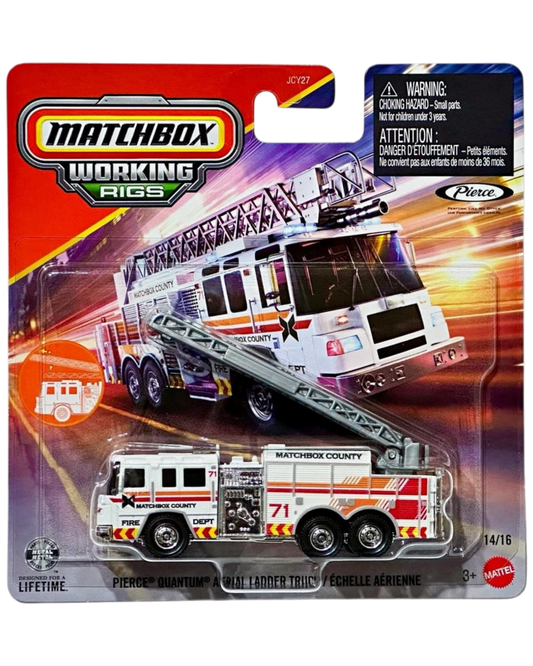 More Than Diecast Matchbox Pierce Quantum aerial ladder fire truck in white with red and orange graphics in packaging.