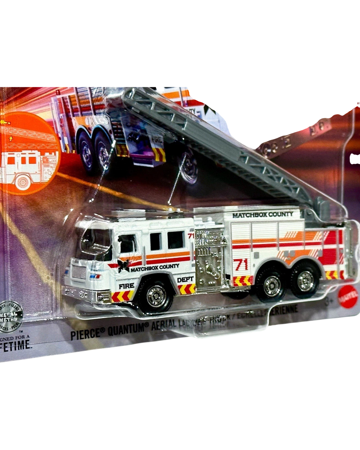 More Than Diecast Matchbox Pierce Quantum aerial ladder fire truck in white with red and orange graphics