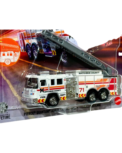 More Than Diecast Matchbox Pierce Quantum aerial ladder fire truck in white with red and orange graphics