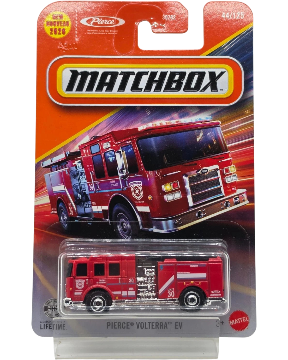 More Than Diecast Matchbox 2026 Pierce Volterra EV fire engine in red, 1:64 scale die-cast model on blister card