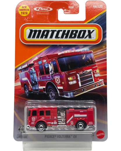 More Than Diecast Matchbox 2026 Pierce Volterra EV fire engine in red, 1:64 scale die-cast model on blister card