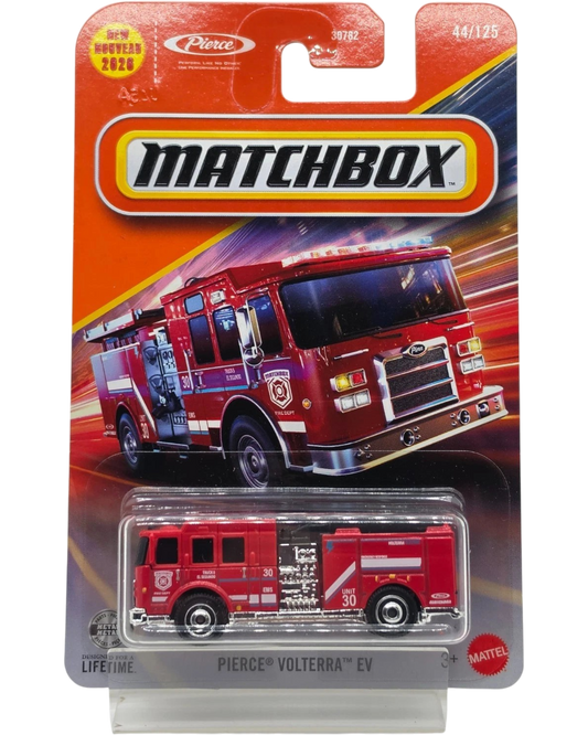 More Than Diecast Matchbox 2026 Pierce Volterra EV fire engine in red, 1:64 scale die-cast model on blister card