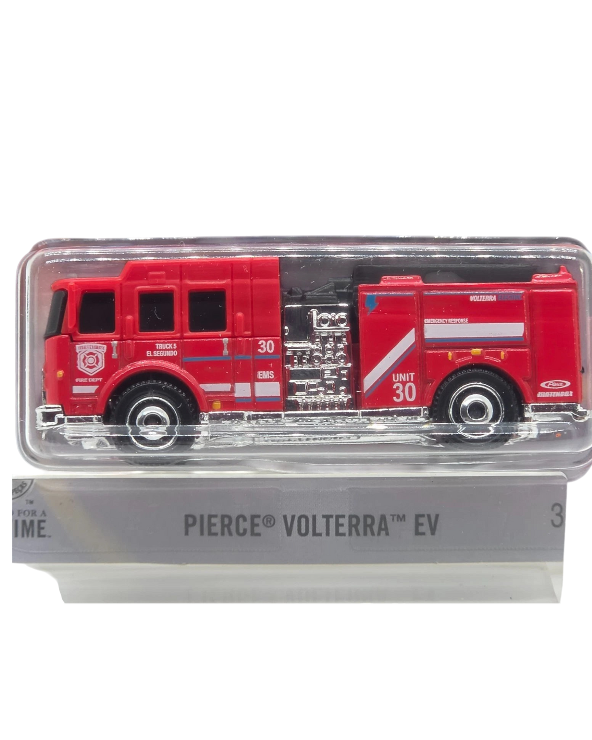 More Than Diecast Matchbox 2026 Pierce Volterra EV fire engine in red, 1:64 scale die-cast model in blister pack.