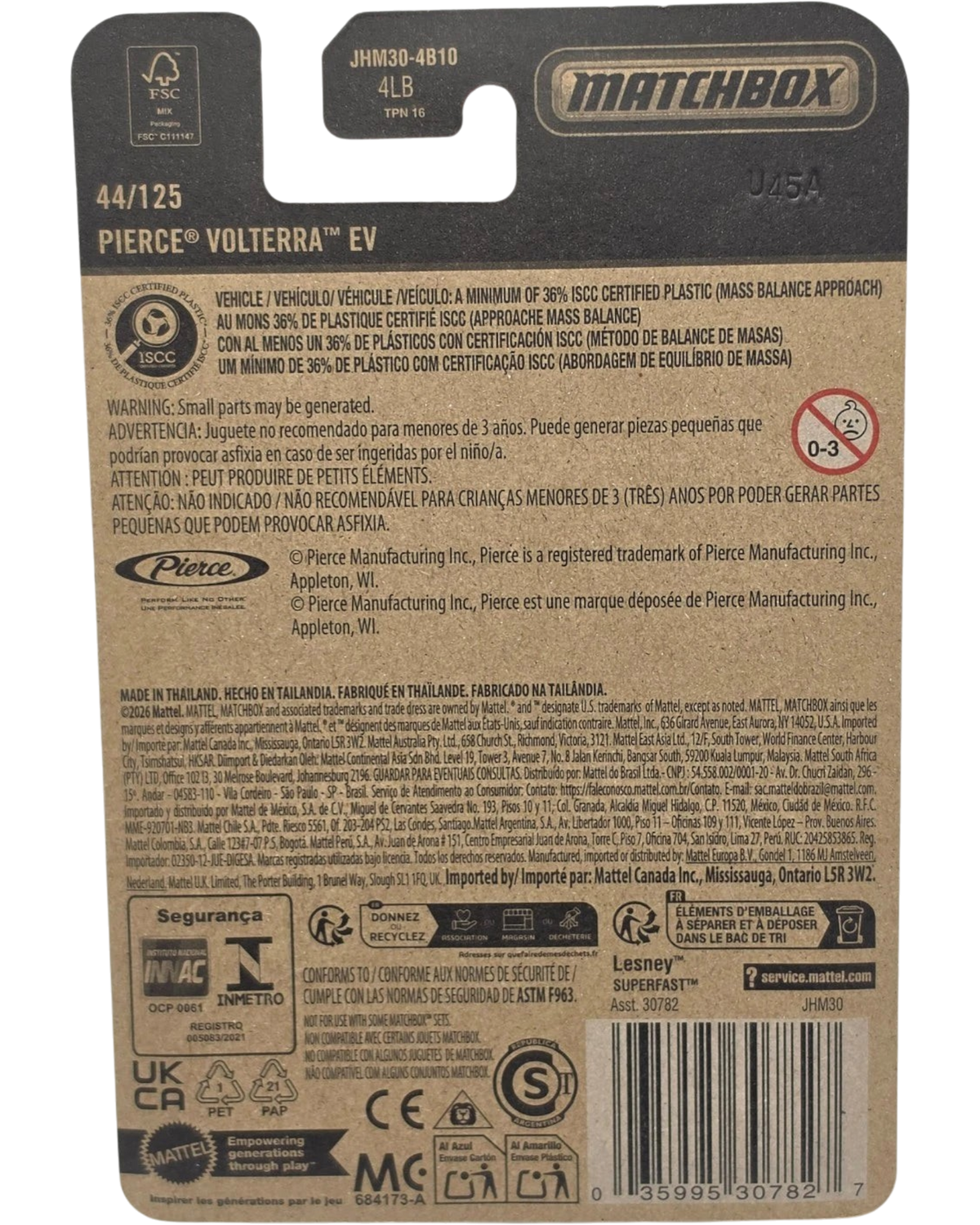 More Than Diecast packaging back for Matchbox 2026 Pierce Volterra EV fire engine die-cast toy