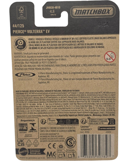 More Than Diecast packaging back for Matchbox 2026 Pierce Volterra EV fire engine die-cast toy