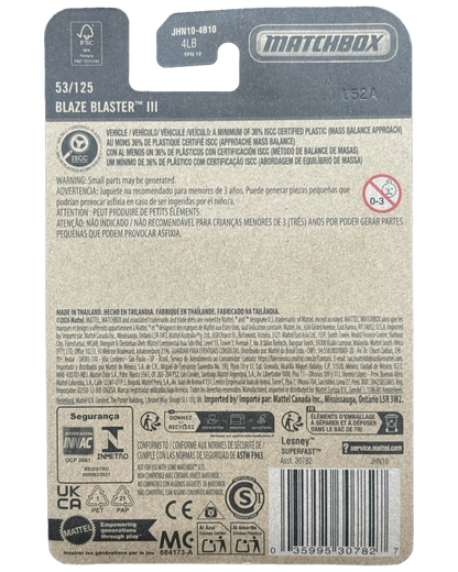 More Than Diecast Matchbox 2026 Plowverizer snow plow packaging back showing safety information and product details