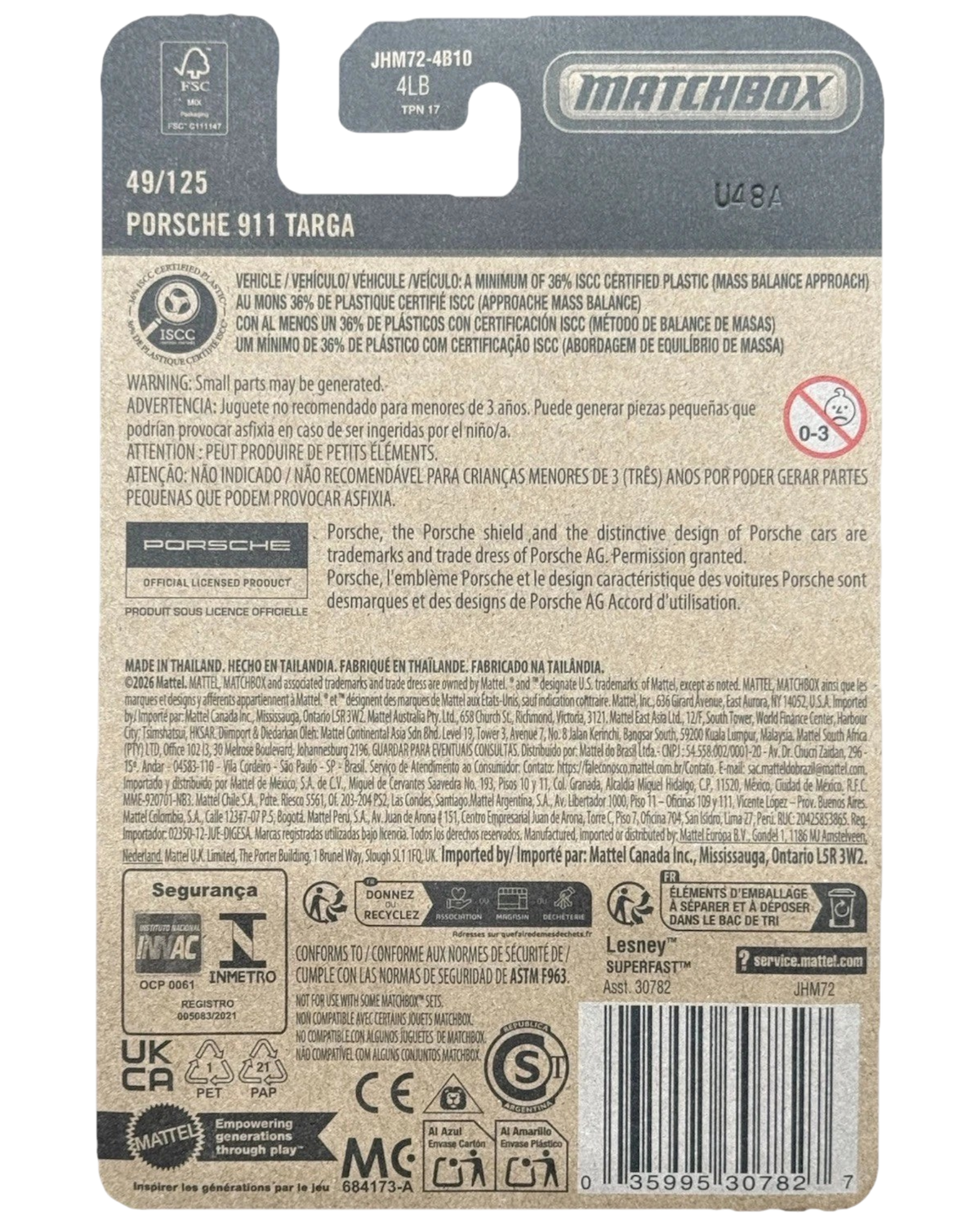 More Than Diecast Matchbox 2026 MBX Team Porsche 911 Targa packaging back with safety information and product details