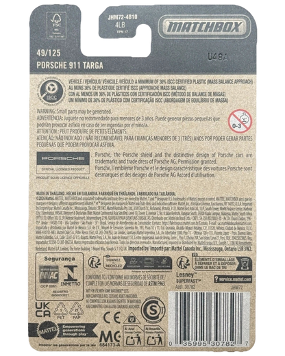More Than Diecast Matchbox 2026 MBX Team Porsche 911 Targa packaging back with safety information and product details