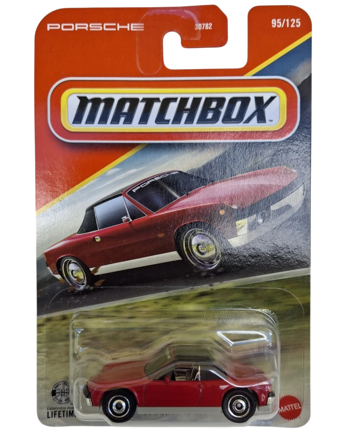 More Than Diecast 1:64 scale red 1971 Porsche 914 die-cast car in original Matchbox Power Grab blister card packaging.