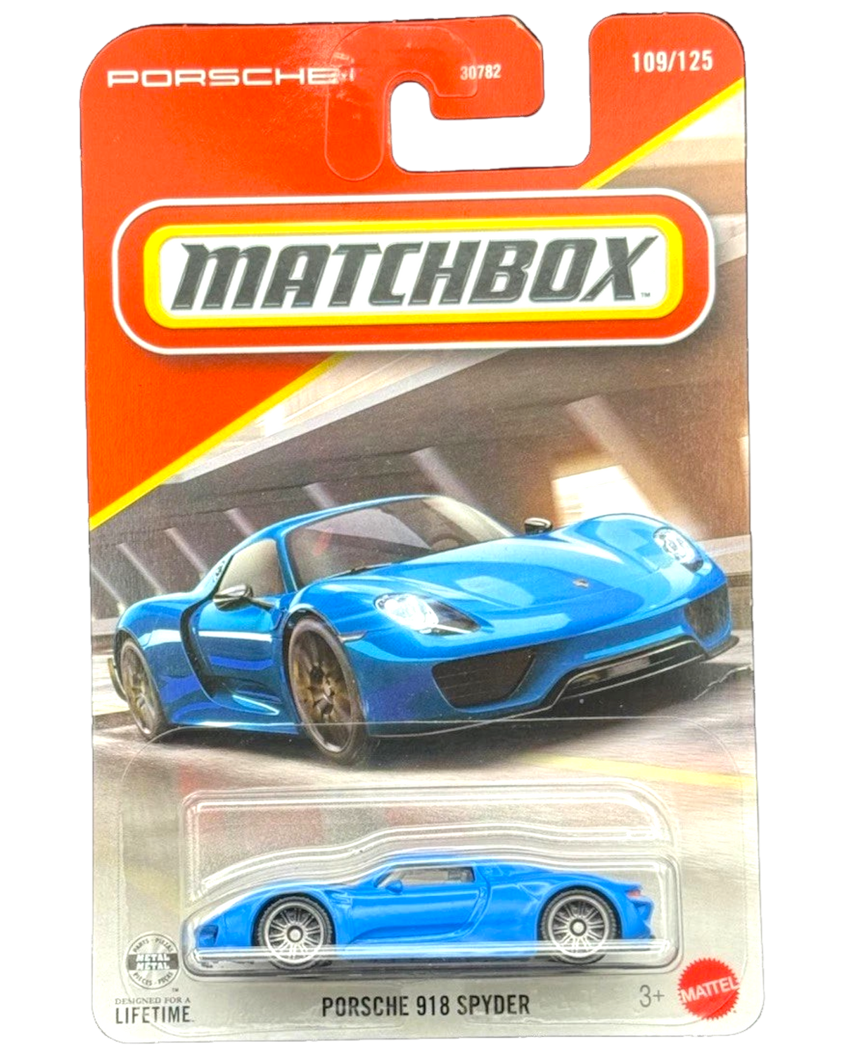 More Than Diecast Matchbox Porsche 918 Spyder in blue, 1:64 scale die-cast car in original blister pack packaging.