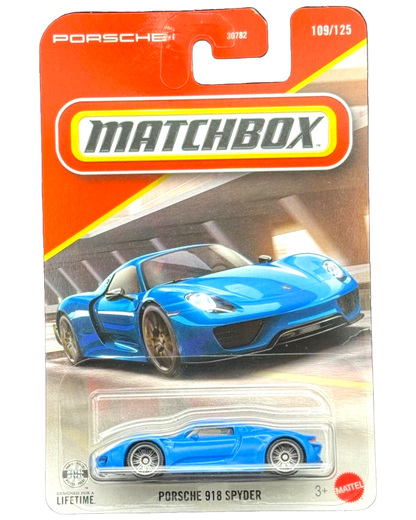 More Than Diecast Matchbox Porsche 918 Spyder in blue, 1:64 scale die-cast car in original blister pack packaging.