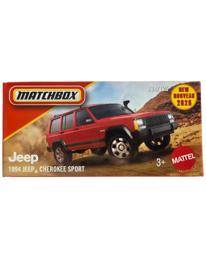 More Than Diecast Matchbox 1994 Jeep Cherokee Sport red die-cast SUV in original Power Grab packaging