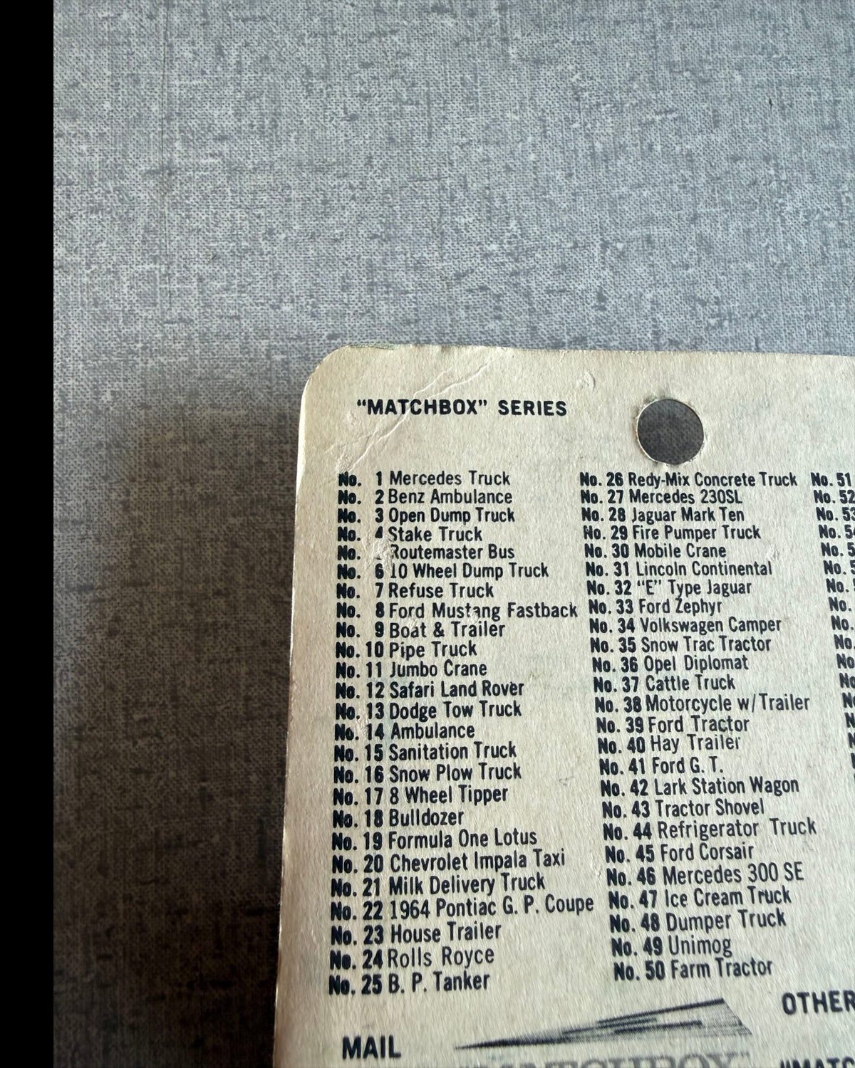 More Than Diecast vintage Matchbox 1-75 series list showing No. 7 Refuse Truck on a textured grey background